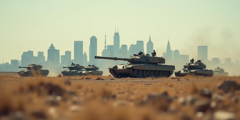 a large group of tanks sitting on top of a field of dirt covered ground next to a city skyline, Andr