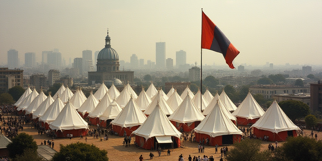 a large group of tents with a flag flying in the background of a city with tall buildings and a cath
