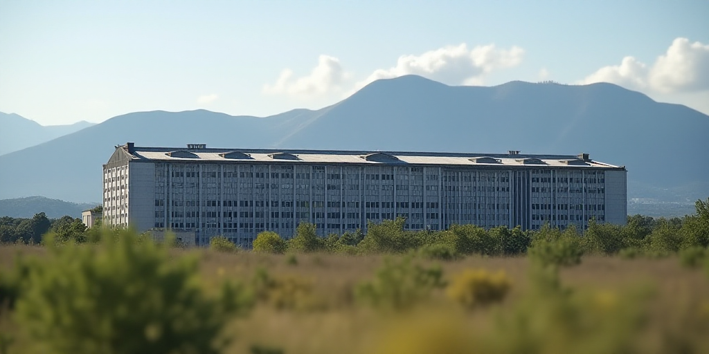 a large industrial building with a lot of windows and roofing on top of it's sides and a mountain in