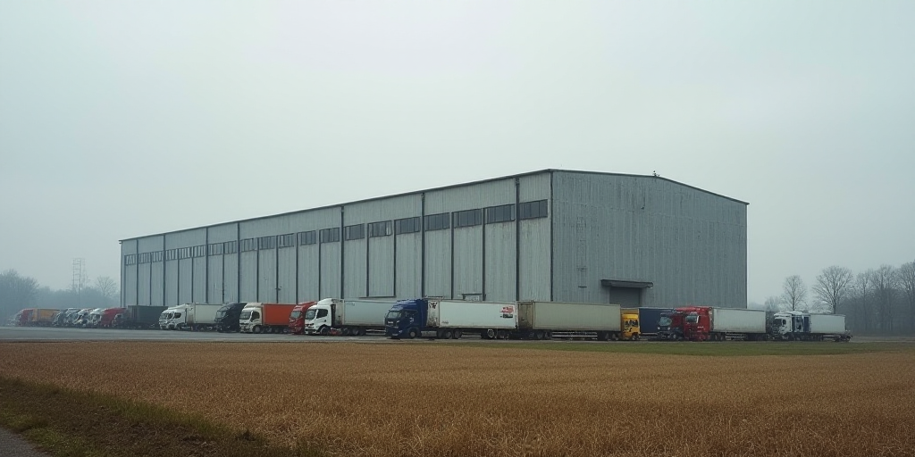 a large industrial building with many windows and a lot of trucks parked in front of it and a field,