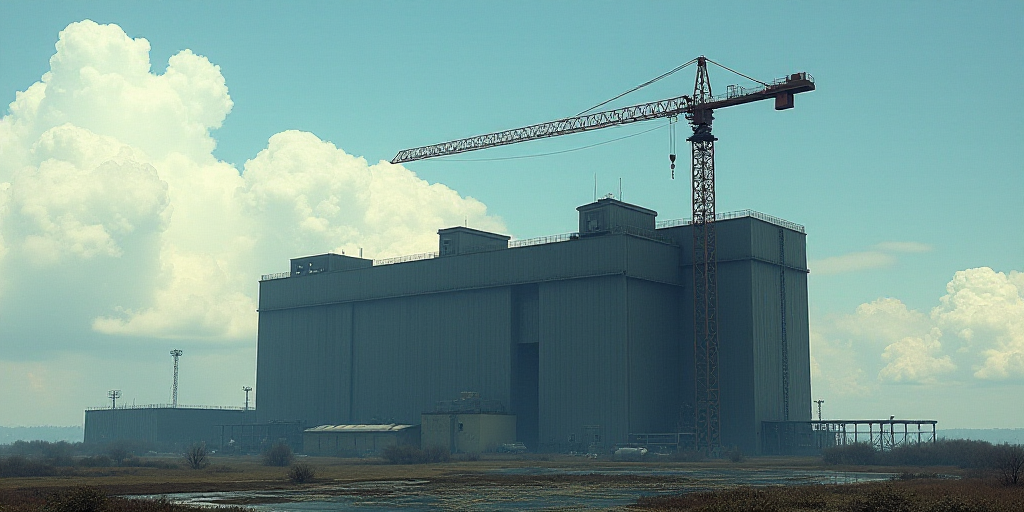 a large industrial building with a crane on top of it's roof and a sky background with clouds, Arkhi