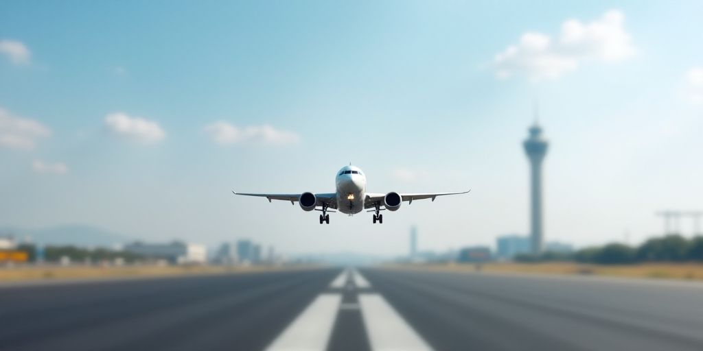 a large jetliner flying over a tall building on a runway with a sky background and a tower in the ba