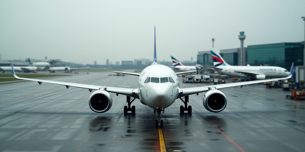 a large jetliner sitting on top of an airport tarmac next to other planes on the tarmac, Ei-Q, turna
