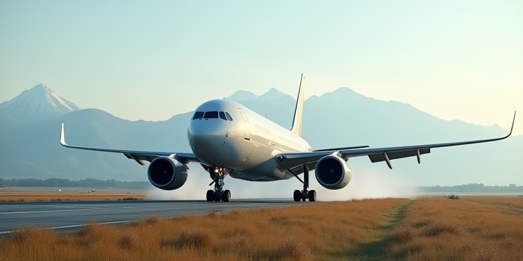 a large jetliner sitting on top of an airport runway next to mountains and grass in the background,,
