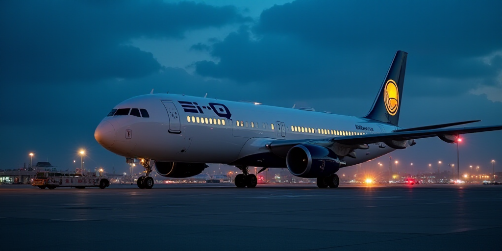 a large jetliner sitting on top of an airport tarmac at night with a sky background and a few people