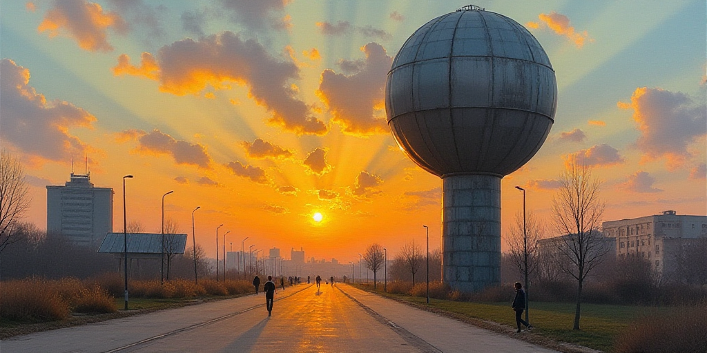 a large metal structure with a sun setting behind it and a sky background with buildings in the back