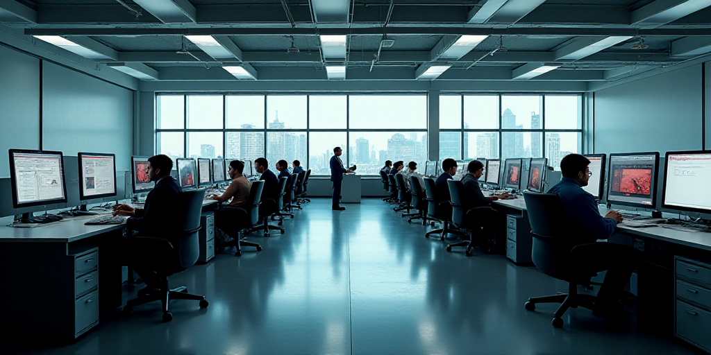 a large office with a lot of desks and monitors on the wall and people working on computers in the m