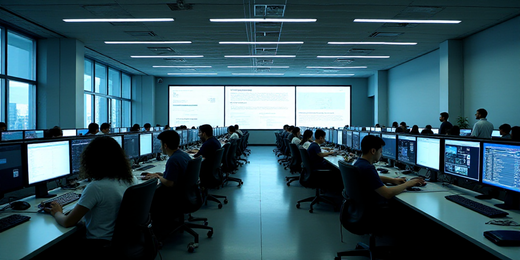a large office with a lot of desks and monitors on the wall and people working on computers in the m