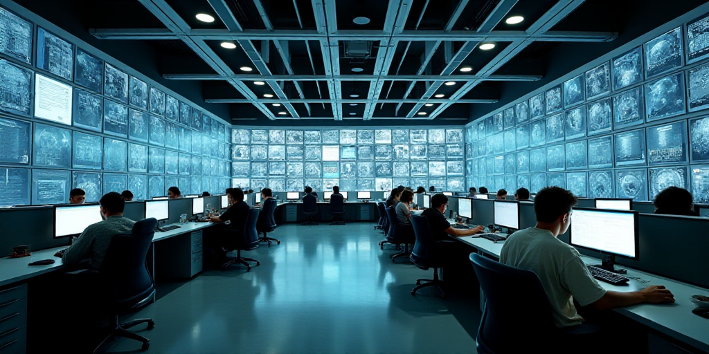 a large office with a lot of desks and monitors on the wall and people working on computers in the m