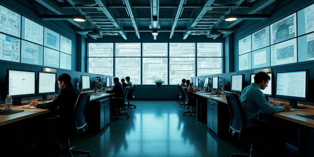 a large office with a lot of desks and monitors on the wall and people working on computers in the m