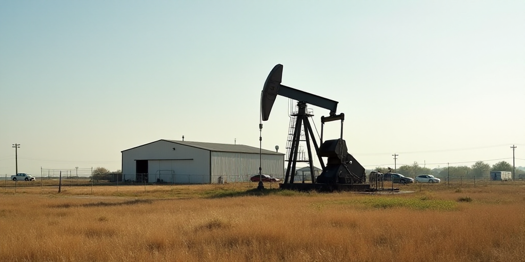 a large oil pump sitting in a field next to a building and a fenced in area with a few cars, Andries