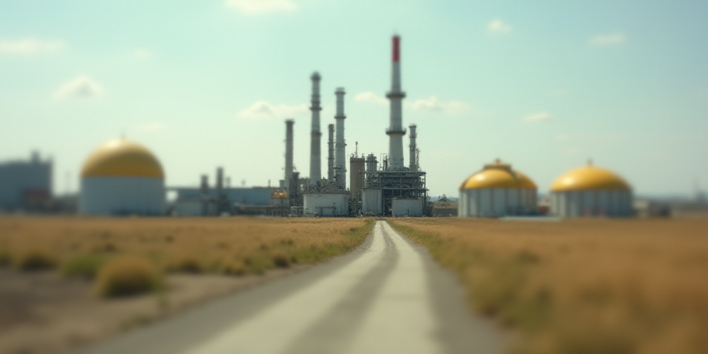 a large oil refinery with a fence surrounding it and a large building in the background with a large