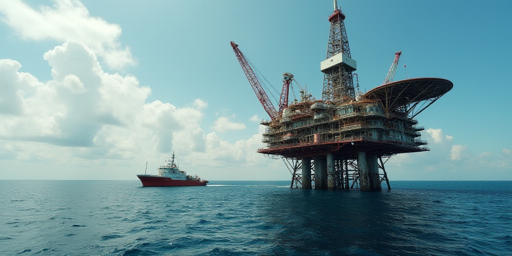 a large oil rig in the middle of the ocean with a boat in the water below it and a large oil rig in