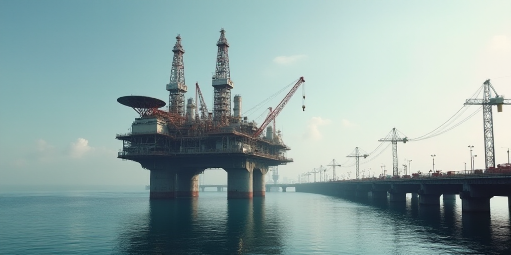 a large oil rig sitting on top of a large body of water next to a bridge over water with lots of cra