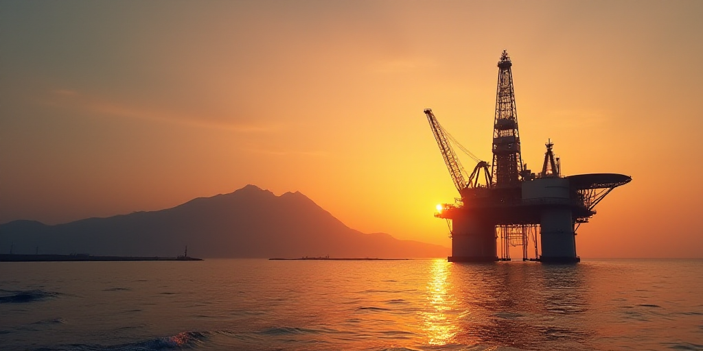 a large oil rig sitting on top of a large body of water at sunset with a mountain in the background,