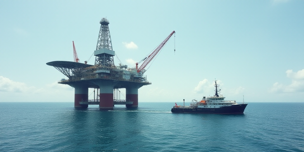 a large oil rig sitting on top of a large body of water next to a boat in the ocean, Andreas Gursky,