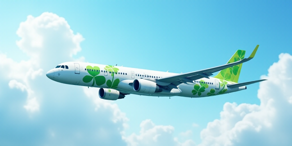 a large passenger jet flying through a blue cloudy sky with clover leaves on it's tail and the tail