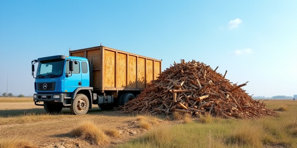 a large pile of wood sitting next to a blue truck on a field of grass and dirt with a blue sky in th