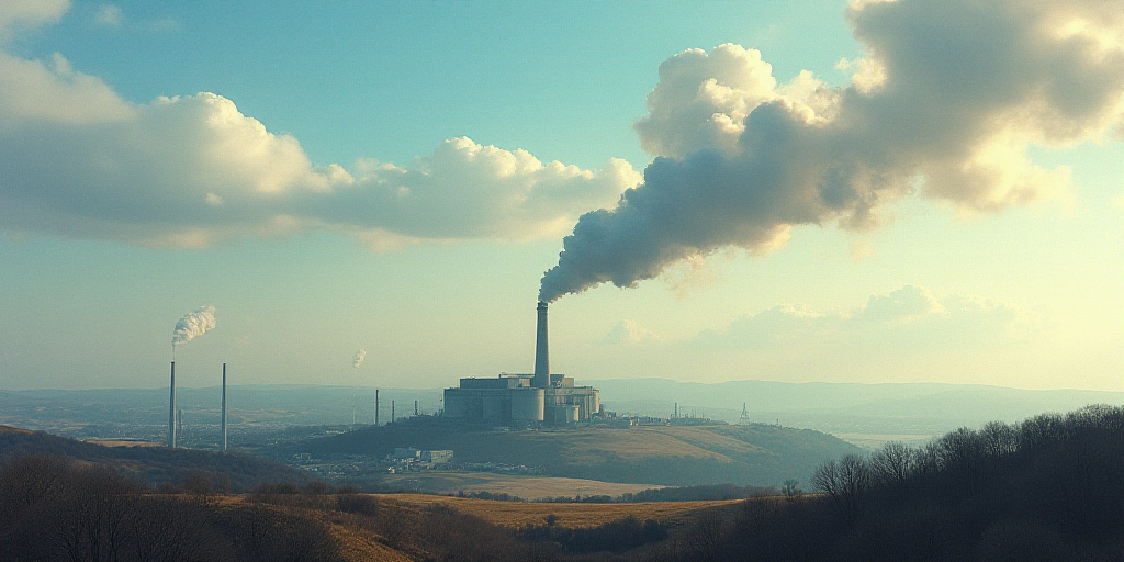 a large plume of smoke billows from a factory chimney on a hill top with a sky background and a few