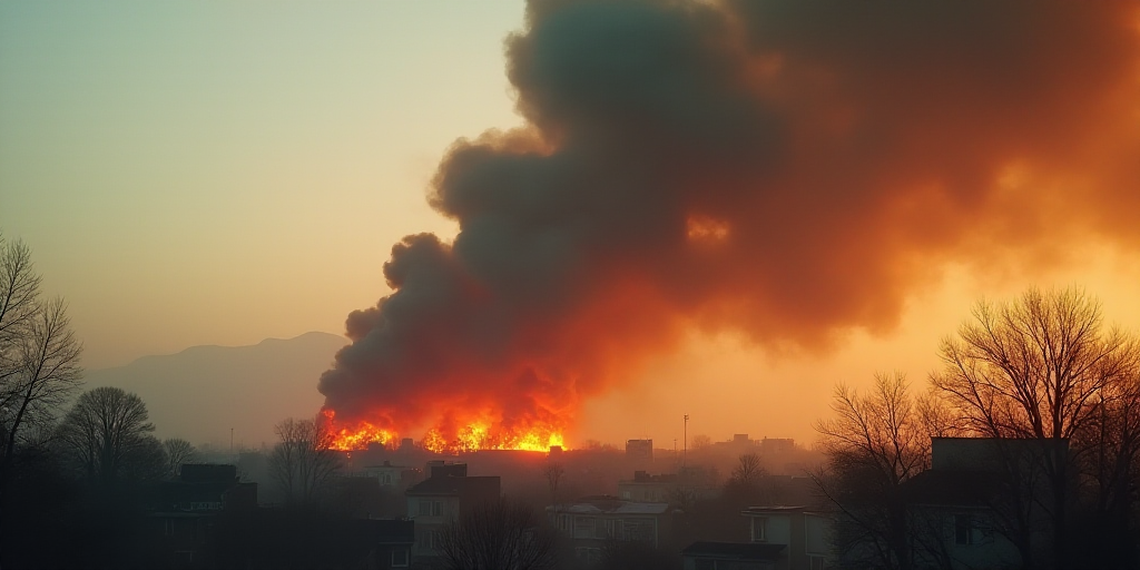 a large plume of smoke billows from a building in a neighborhood on fire as it erupts smoke, Anish K