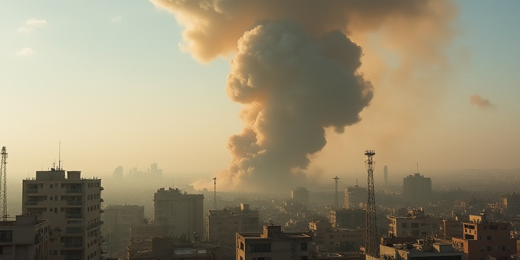 a large plume of smoke is billowing out of a building in the distance, with a few buildings in the f