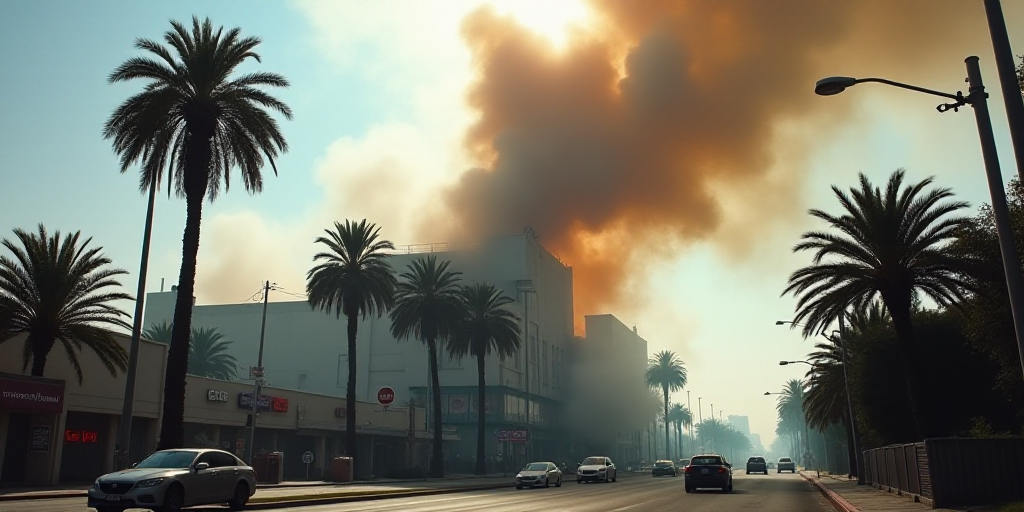 a large plume of smoke is billowing out of a building in a city street with palm trees and a few car