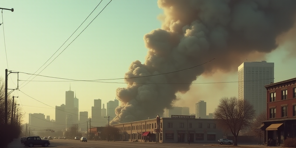 a large plume of smoke is coming out of a building in the city, with a sign in the foreground, Elbri