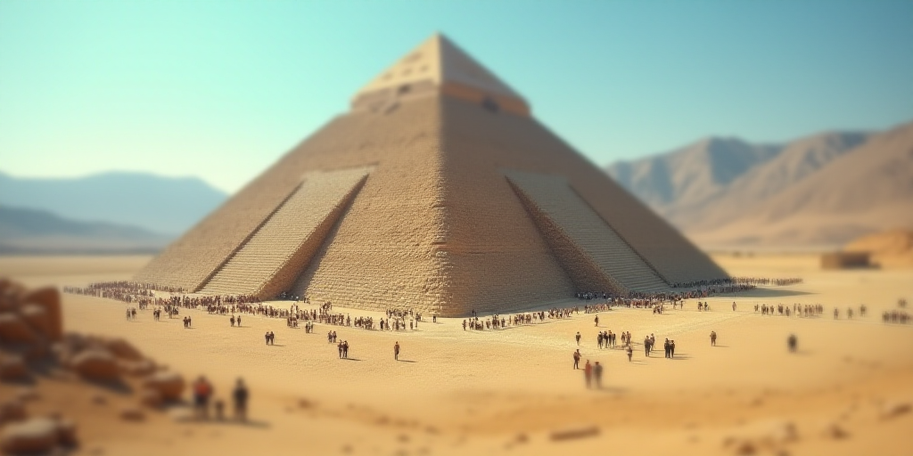 a large pyramid with many people walking around it in a desert area with mountains in the background