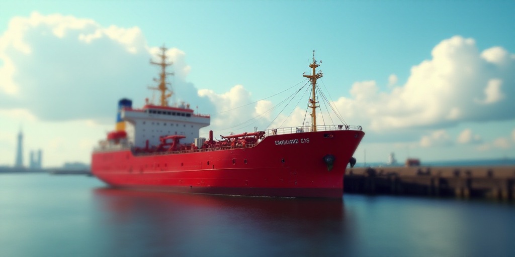 a large red boat sitting in a harbor next to a body of water with a sky background and clouds, Engue