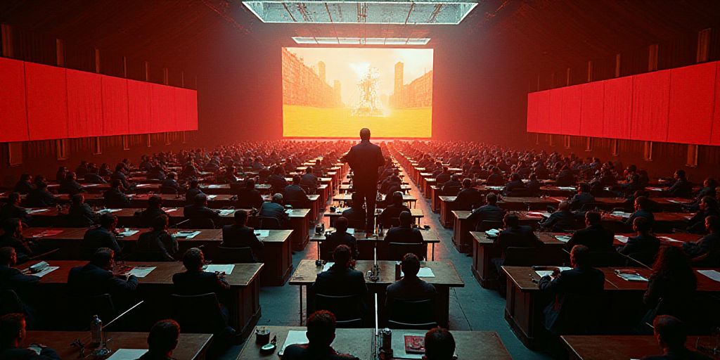 a large room filled with lots of desks and people standing around them in front of a large screen, D