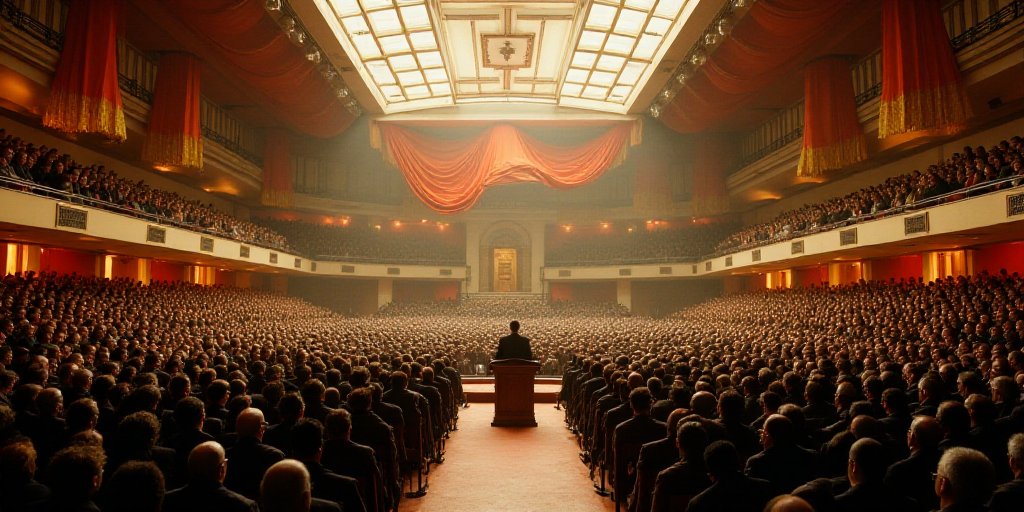 a large room filled with lots of people and a flag hanging from the ceiling of the room with a podiu