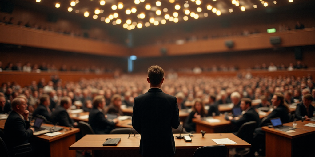 a large room filled with people sitting at tables and a speaker standing at the front of the room wi