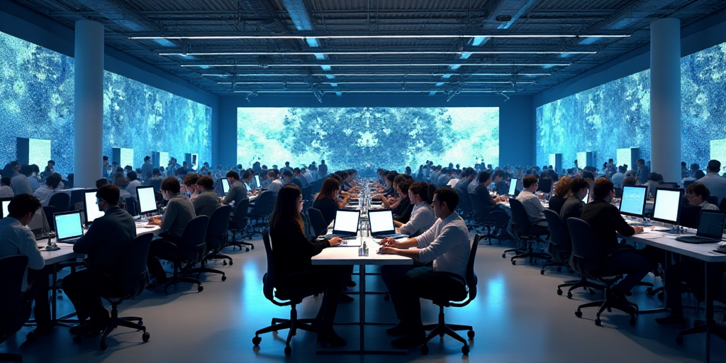 a large room filled with people working on laptops and standing around tables with chairs and tables