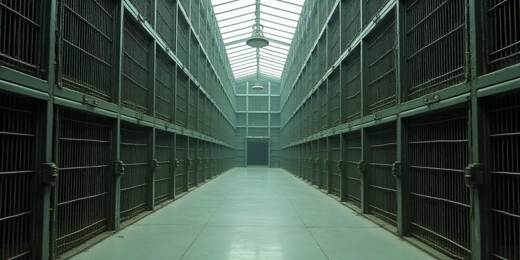 a large room with a bunch of metal cages in it's walls and a door leading to another room, Ai Weiwei