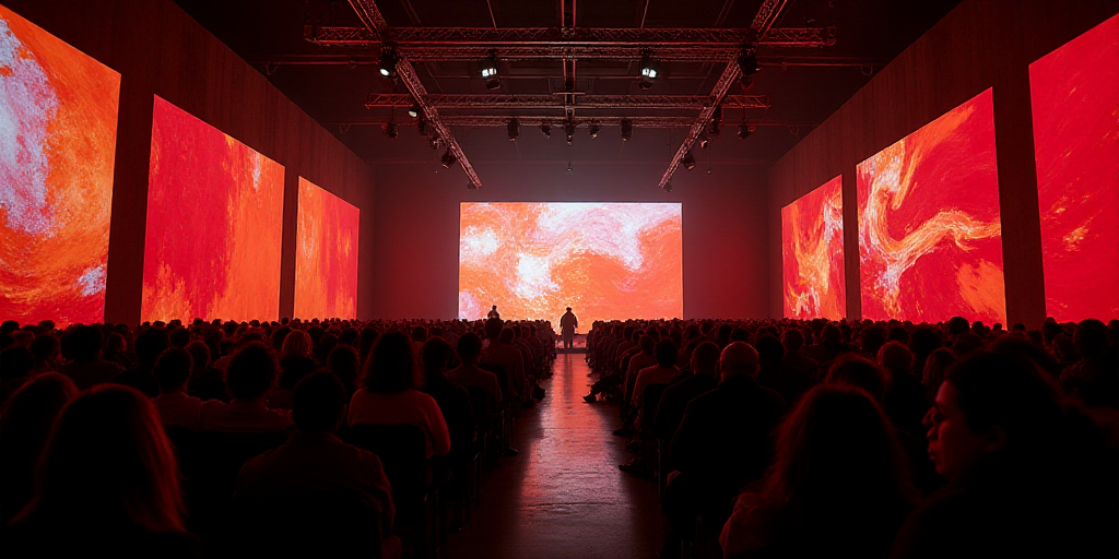 a large room with a large screen and a lot of people sitting in it and a lot of lights, David Alfaro
