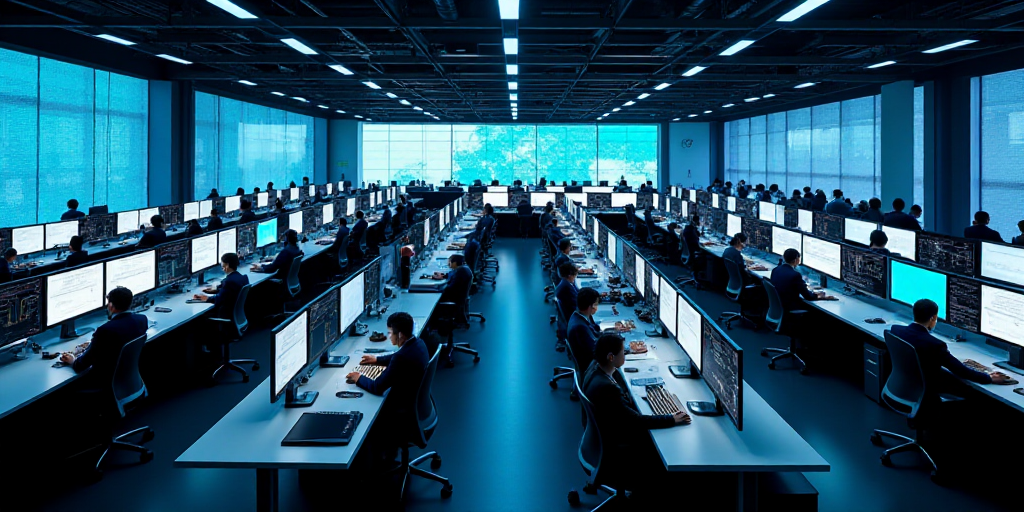 a large room with a lot of desks and monitors on the walls and people working on computers in the mi