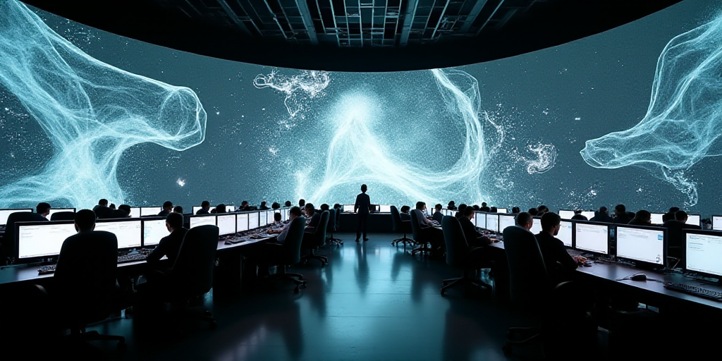 a large room with a lot of monitors and people working on it in it's center area,, Andreas Gursky, w