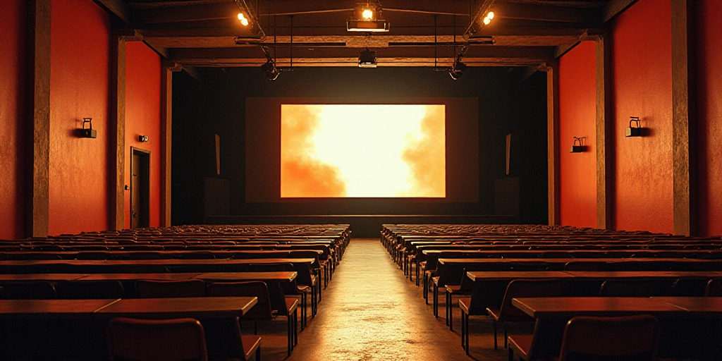 a large room with a lot of tables and chairs in it and a big screen on the wall above, David Alfaro