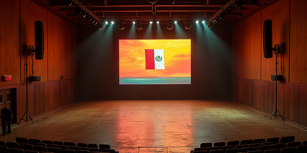a large room with a stage and a large screen in the center of it with a flag on it, David Alfaro Siq