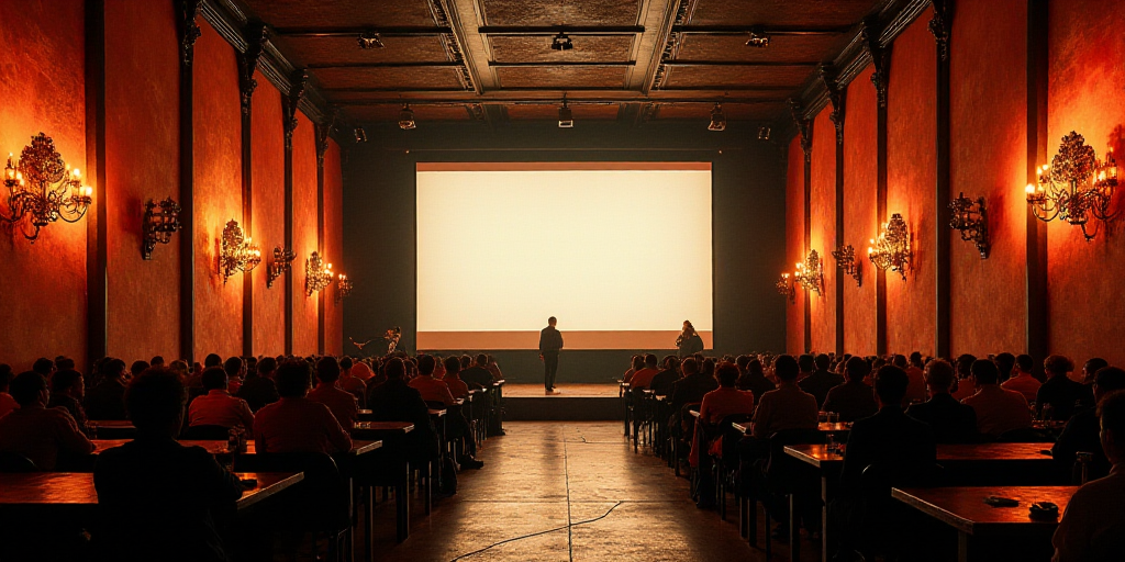 a large room with a stage and a big screen in it's center area with people sitting at tables, David