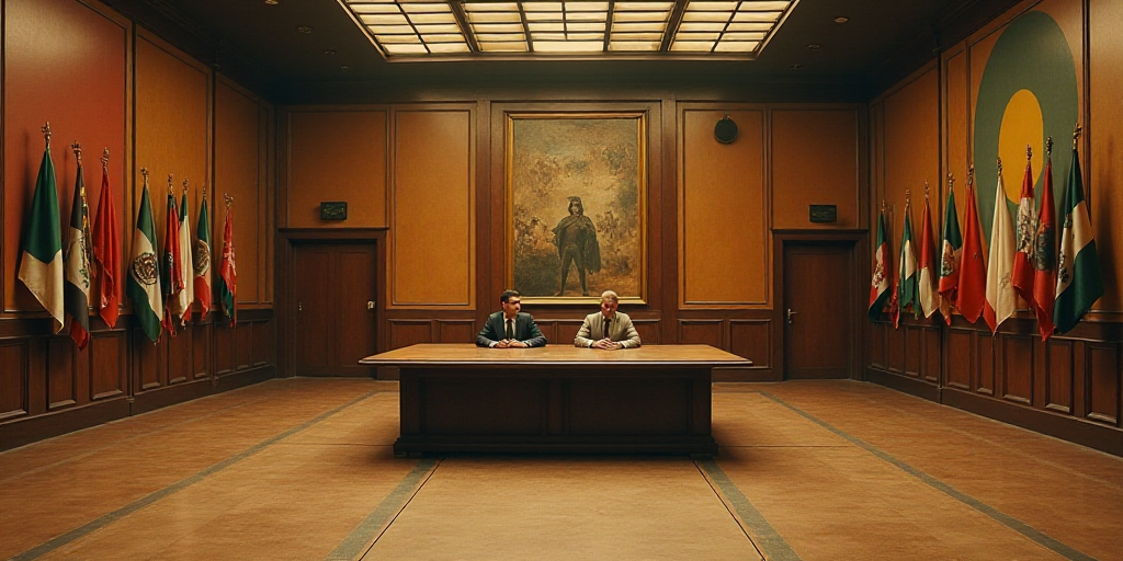 a large room with a wooden table and two people sitting at it with flags on the walls and a ceiling,