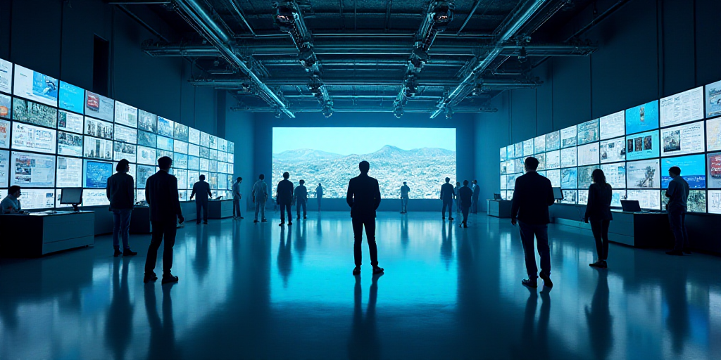 a large room with many monitors and people walking around it and a man standing in the middle of the