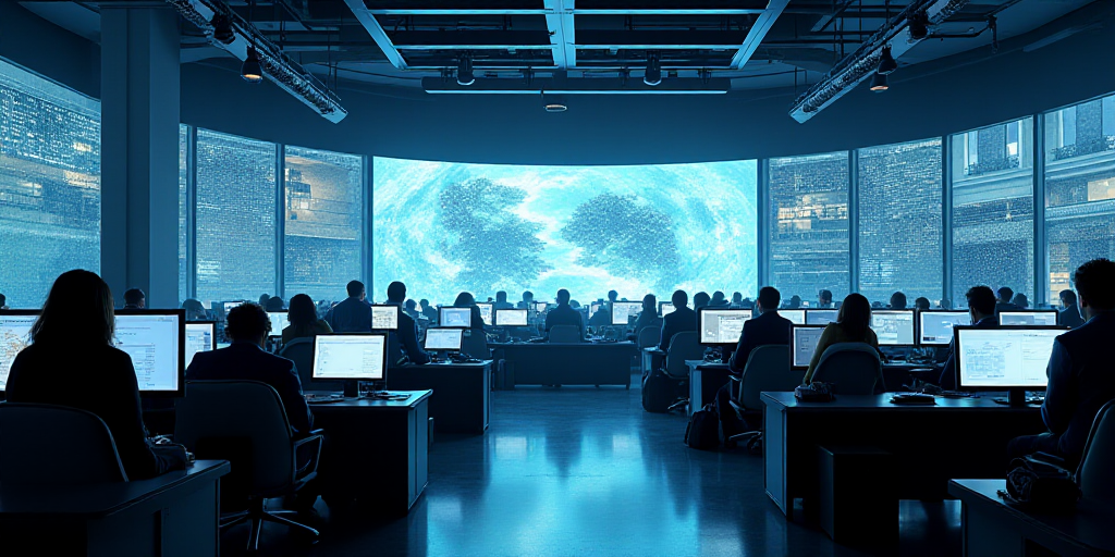 a large room with many monitors and people standing around it in a building with a lot of windows an
