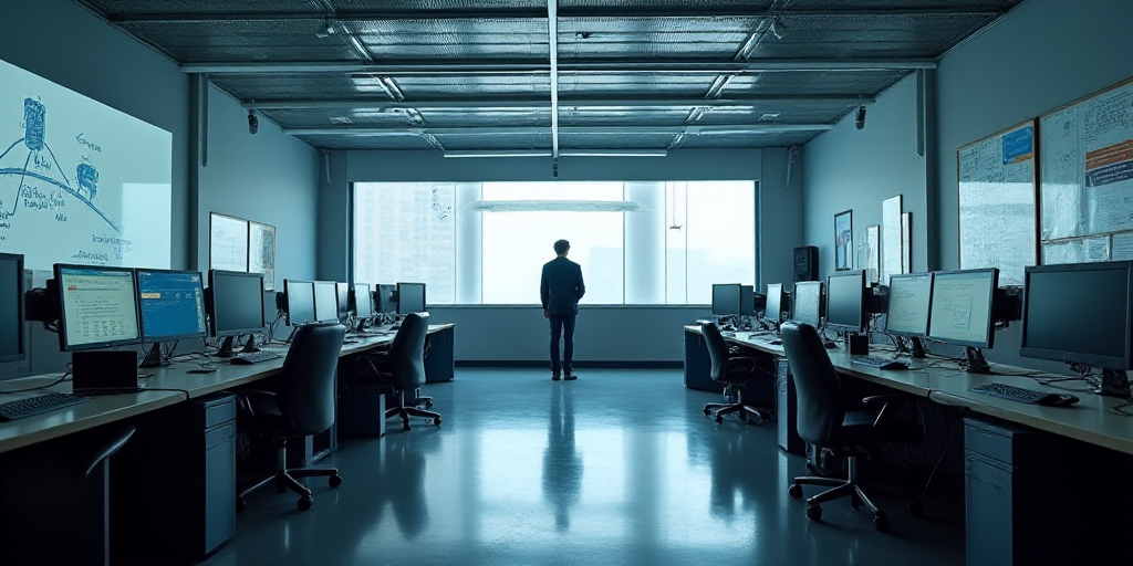 a large room with multiple desks and monitors on the walls and a man standing in the middle of the r