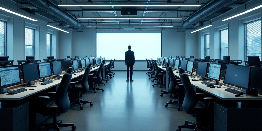 a large room with multiple desks and monitors on the walls and a man standing in the middle of the r