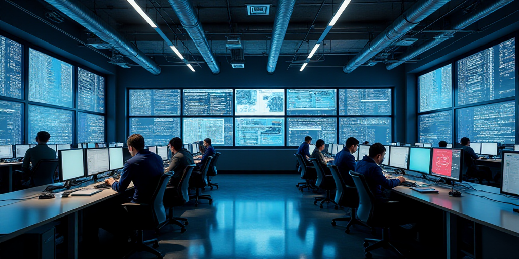 a large room with multiple monitors and tables in it's center area, with people working on computers