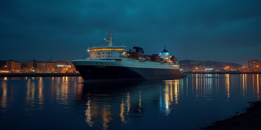 a large ship in a harbor at night with a city in the background and a lot of lights on, Almada Negre