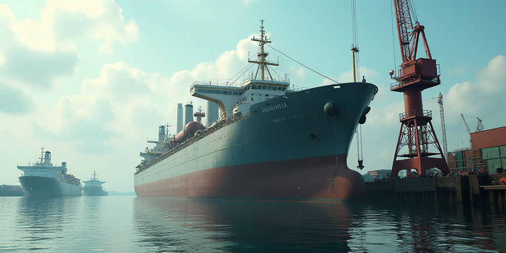 a large ship is docked in a harbor with other ships in the background and a crane in the foreground,