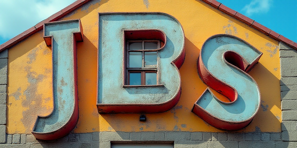 a large sign on the side of a building that says jbs on it's side and a small window in the middle,