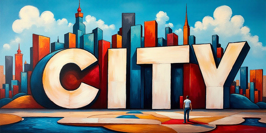 a large sign that says big city in front of a cityscape with a sky background and a blue sky, Federi